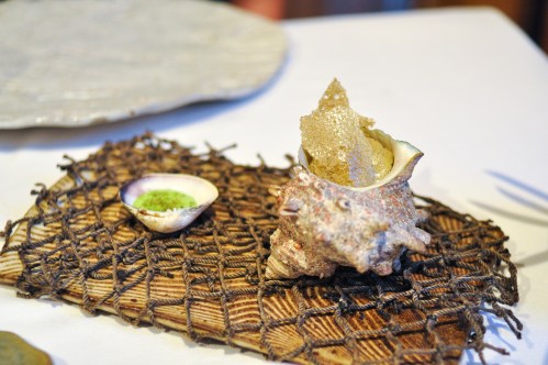 aubergine carmel kelp chips and dip