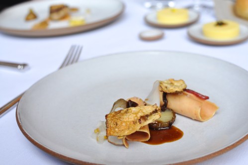 emp cured foie gras sunchokes mustard greens